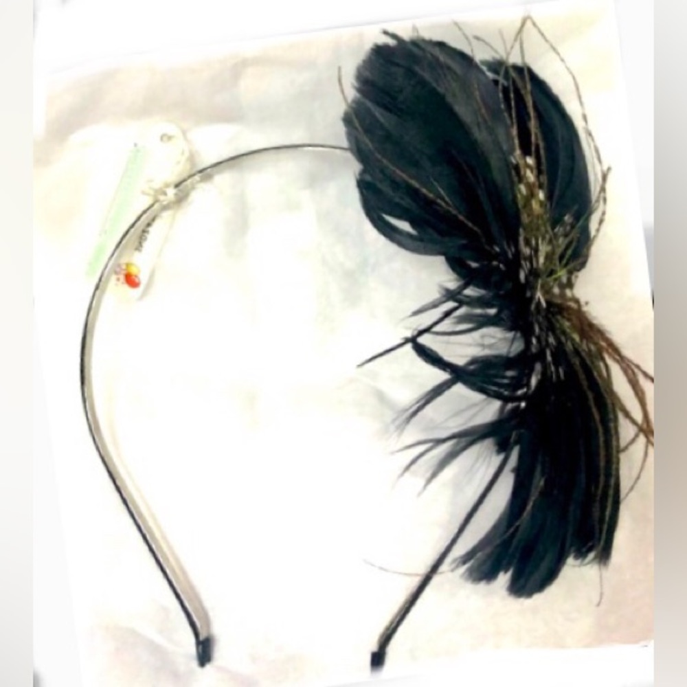 HEADBAND black feathered silver metal size OS NWT